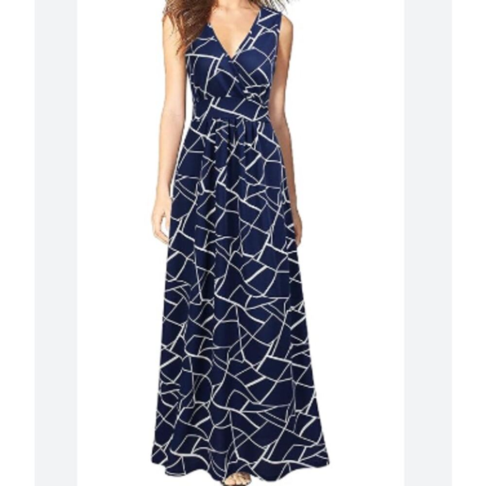 Woosea Maxi‎ Dress Surplice Neckline Geometric Print Sleeveless Blue Stretch S